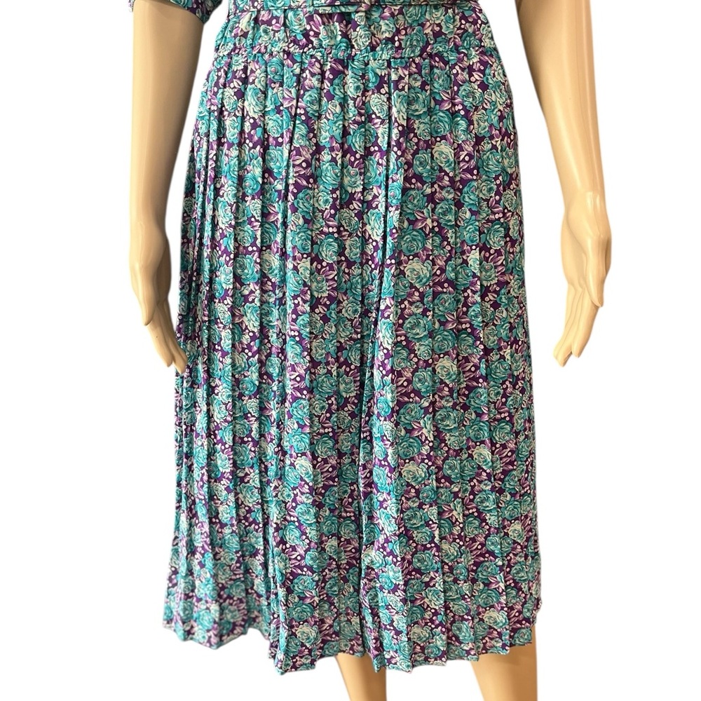 Cottagecore collegiate modesty accordion floral 80’s belted dress 7/8 - Picture 6 of 11